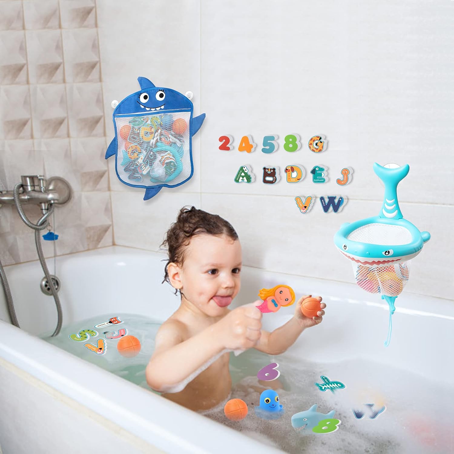 Baby Bath Toys with Organizer Bag 36 Foam Bath Letters and Numbers, 3 Light up Animal & 3 Bath Basketball,Fishing Net for Fish Catching and Pitching Game - for Babies Toddlers Bathtub Time : Toys & Games