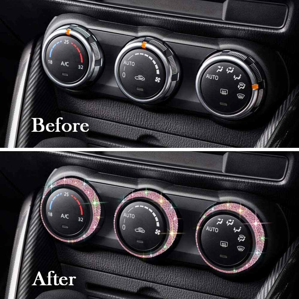 OTOSTAR 3pcs Handmade Bling Crystal Audio Air Conditioning Button Cover Decoration Twist Switch Ring Trim Fit for Jeep Wrangler JK JKU Patriot Liberty 2011-2018 Dodge Challenger 2008-2014 (Pink)