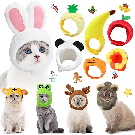 11 Pcs Pet Cat Hats Christmas Costume Hat Bunny Ears Banana Sunflower Fruit Pineapple Pumpkin Hats Cat Lion Mane Panda Costume Cat Party Accessories Headwear for Small Puppy Dog Cats Kitten
