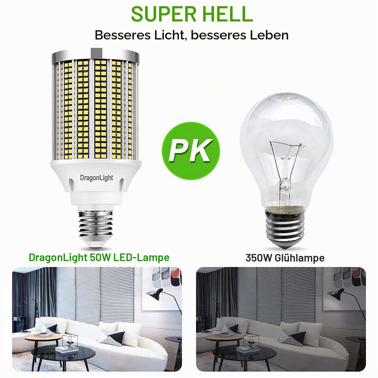 DragonLight 50W Superhelle Mais Licht LED Glühbirnen(Ersetzt 350Watt) - E27 Edison LED Lampe - 6000K Kaltweiß 6000LM für gewerbliche Beleuchtung - Garage Werkstatt Büro Hof(2er-Pack)