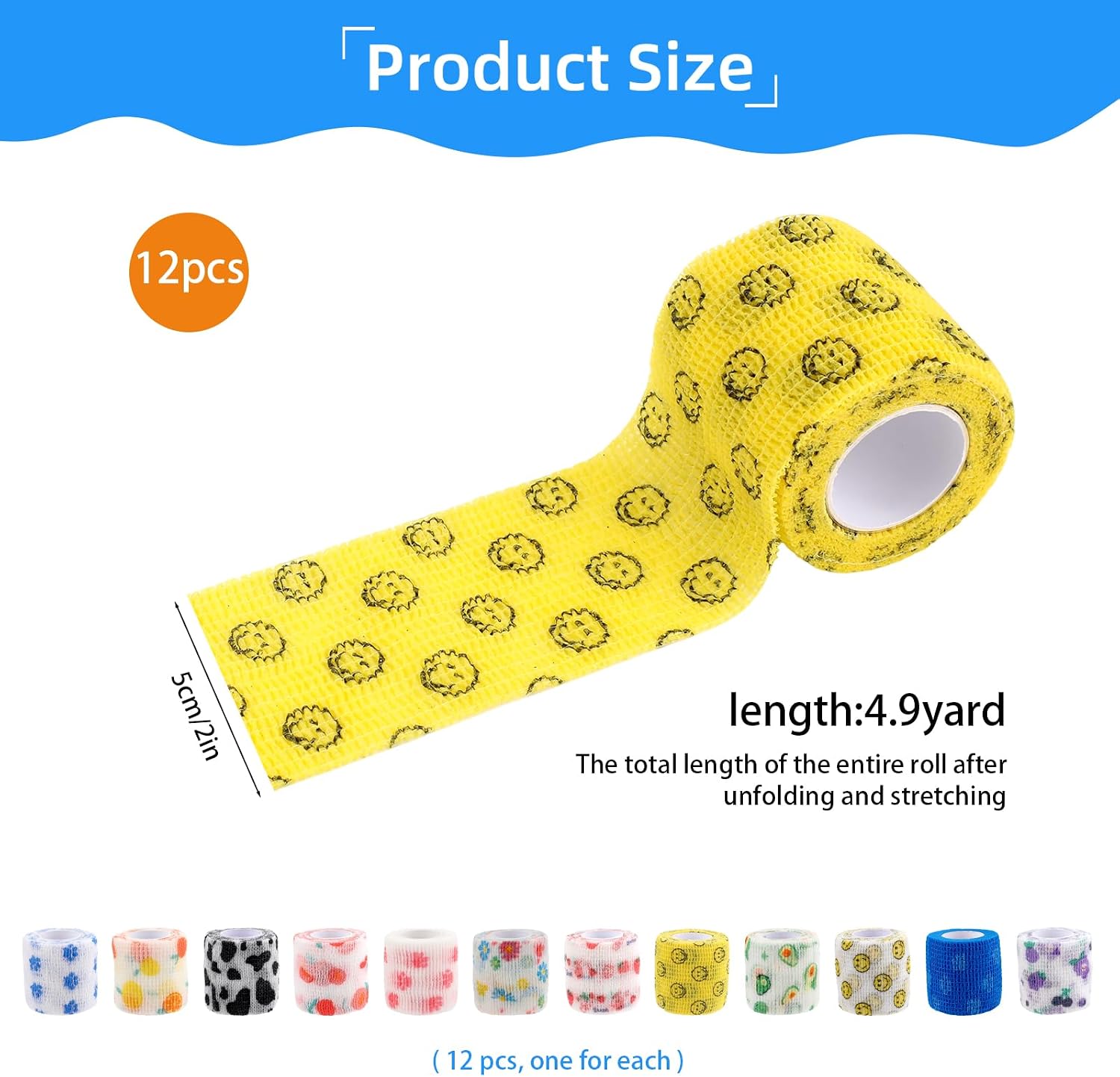 12 Rolls Self Adhesive Bandage Wrap,2 Inch x 5 Yards Cohesive Vet Wrap Tape,Colorful Non Woven Elastic Cohesive Bandage Dogs Cat Horse Pet Wound Care,12 Assorted Pet Paw Bandages for Ankle Wrist