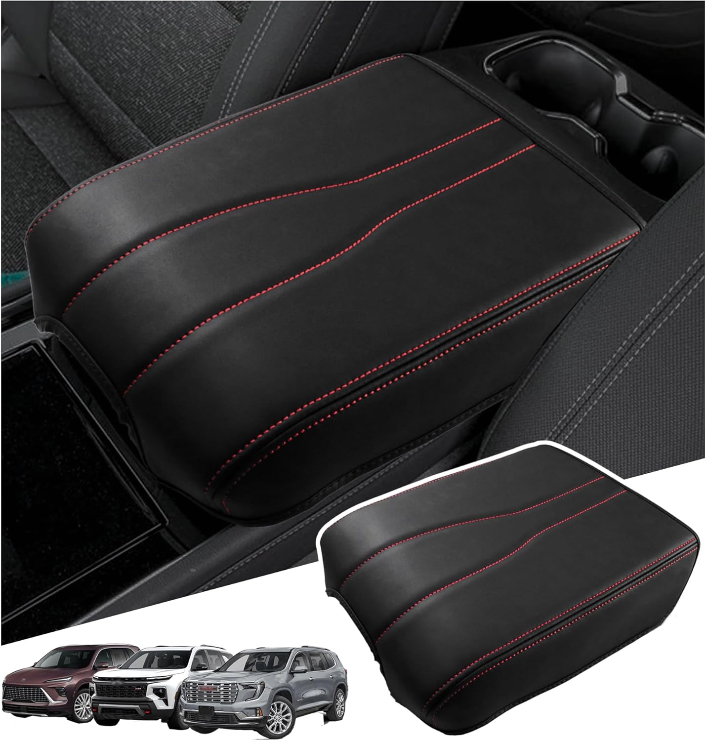 Center Console Armrest Cover Compatible with 2024-2026 Chevy Traverse/2024-2026 GMC Acadia/2025-2026 Buick Enclave Interior Accessories, Leather Middle Console Lid Pad Protector （Red Lines）