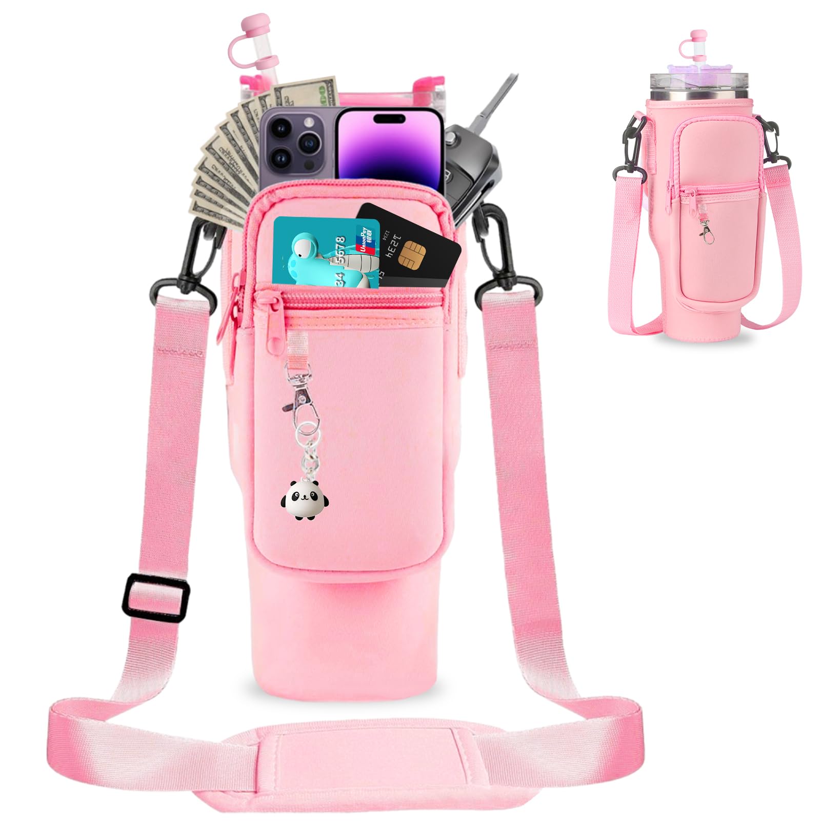 Huahuanghui Borsa porta bottiglie d'acqua per bicchiere,borse a tracolla con porta bottiglia d'acqua,porta borraccia tracolla,con cinghia regolabile con copertura per cannuccia e moschettone (rosa)