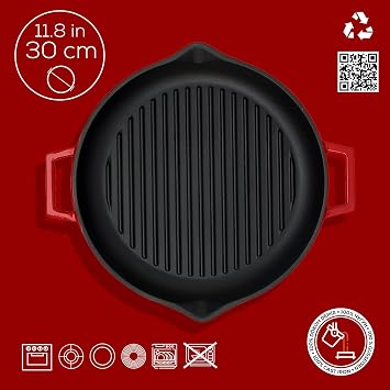 Lava Casting Round Frying Pan with Metal Handle, 30cm, Red