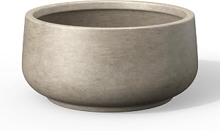 Kante 13.4" Round Curvy Concrete Planter - Large Weathered Plant Pot with Drainage Hole & Plug for Indoor Outdoor Gardens