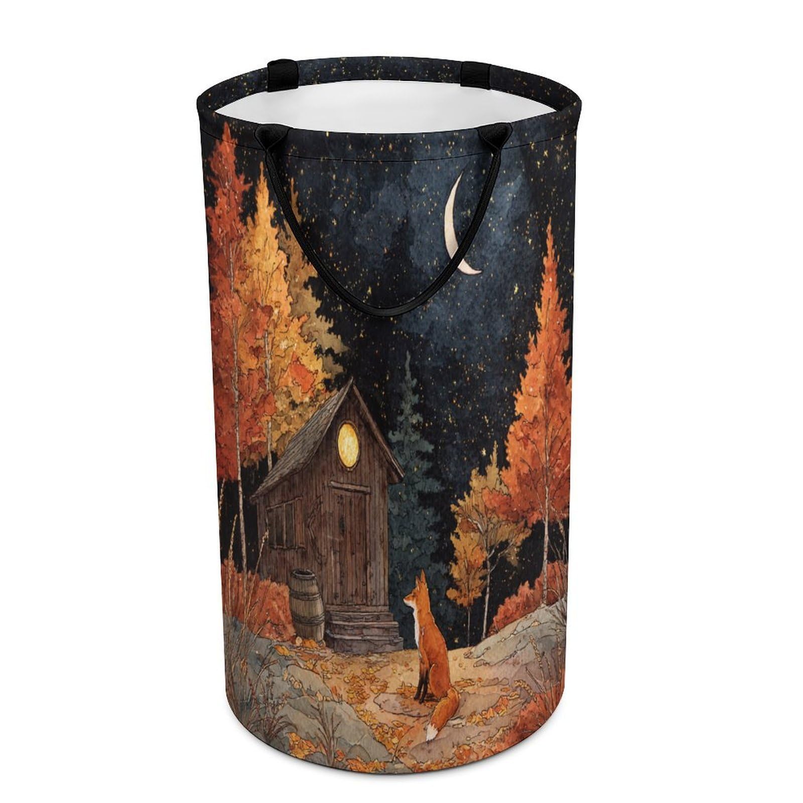 LUYYSKY Classic Realistic Wildlife Fox Collapsible Dirty Clothes Basket, Cute Oil Painting Autumn Forest Log Cabin Barn Animals Fox Portable Clothes Storage Basket