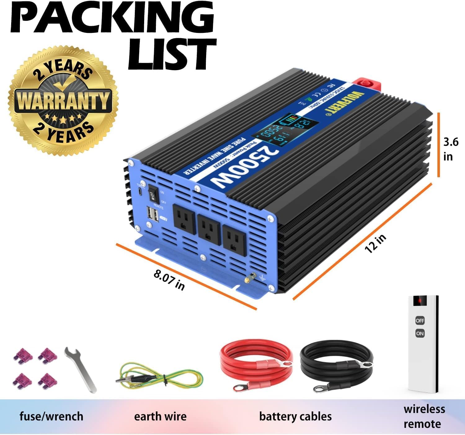 Contents of the VOLFVERT 2500W Pure Sine Wave Power Inverter package, including the inverter, cables, remote, fuses, wrench, and earth wire.
