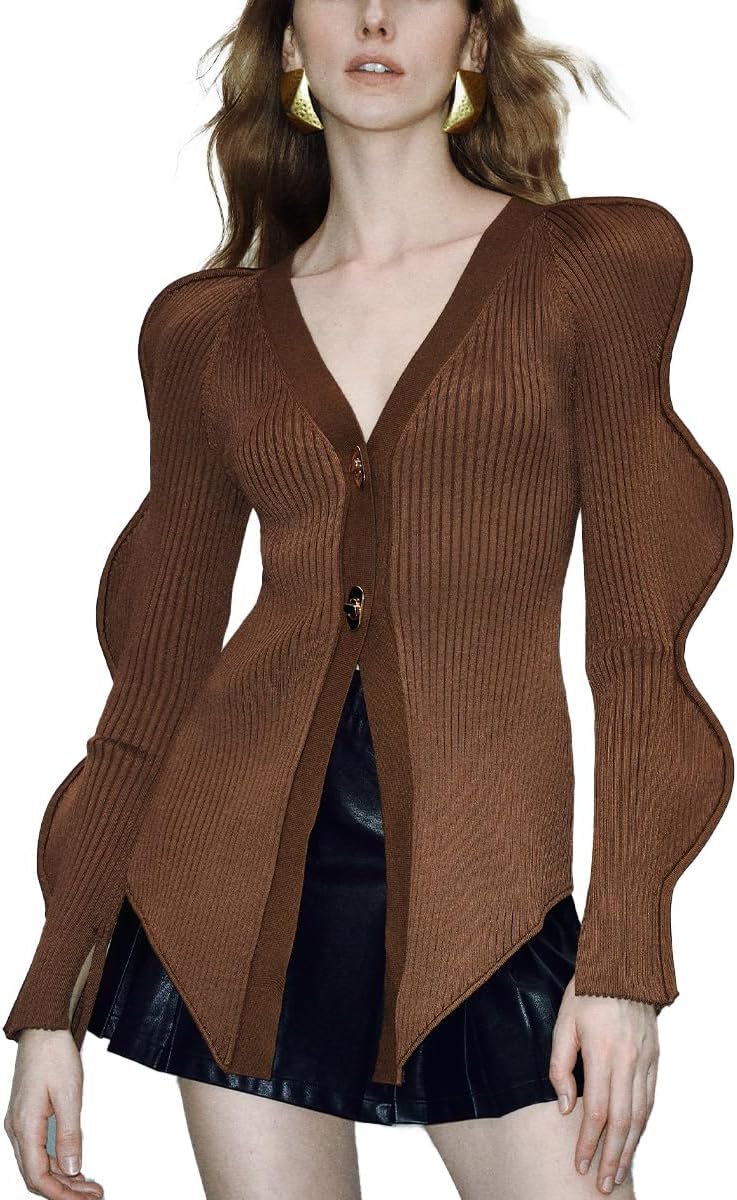 Women Knitted Cardigans Long Sleeve V-Neck Lightweight Sweater One Leaf Button Down Outwear