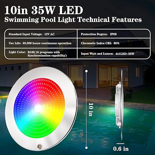 Miniatura 4 de Luz de piscina de 10 pulgadas para piscina enterrada, luz LED de piscina enterrada de 12 V CA, aplicación Wi-Fi Bluetooth, controlador y control