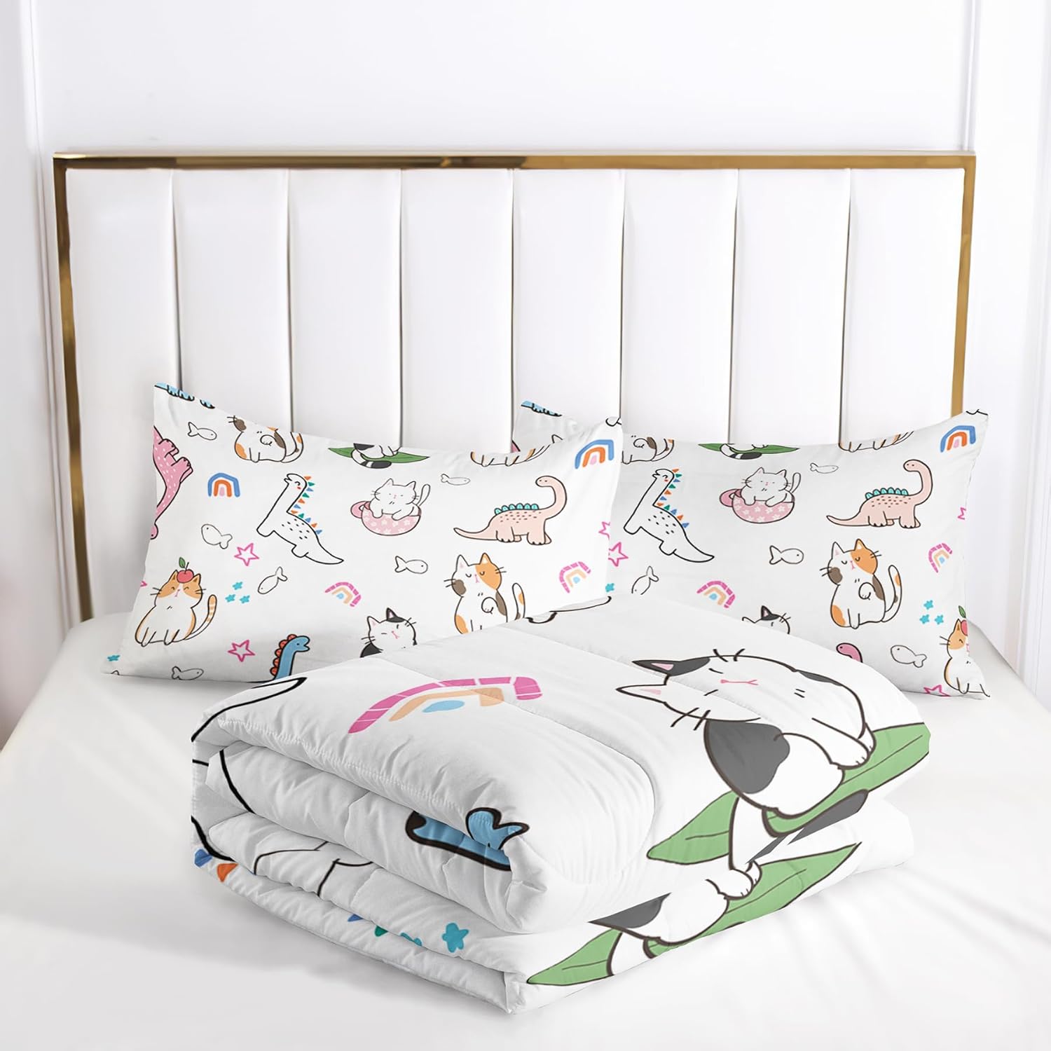 Twin cat Comforter Set for Girls,Kawaii Dinosaur Bedding Set,Cute Twin Dinosaur Comforter for Teen Girls cat Bedding Set Twin Size Room Decor,with 1 Quilt and 2 Pillowcases