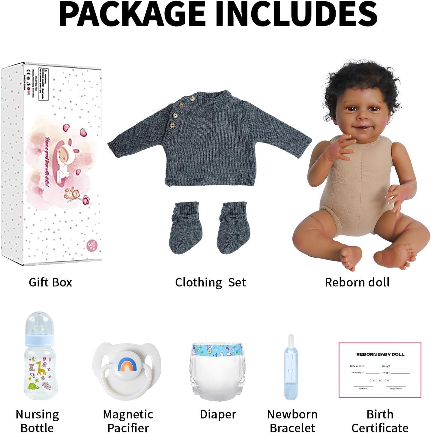 SCOM 18'' Realistic Reborn Baby Doll Black Boy, Soft Weighted Cloth Body & Vinyl Limbs, Hand-Rooted Hair, African American Lifelike Baby Doll with Outfit & Gift Box, Birthday Gift for 3+ Kid