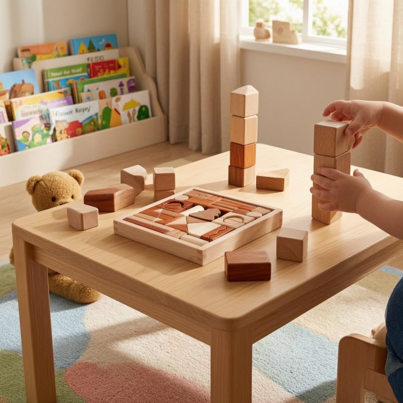 Qianly 43 Pezzi Blocchi di Legno con Vassoio Naturale Blocchi di Costruzione in Legno Montessoriano Costruzioni per Scuola Scuola Dell'infanzia, Blocchi Di Legno Naturale