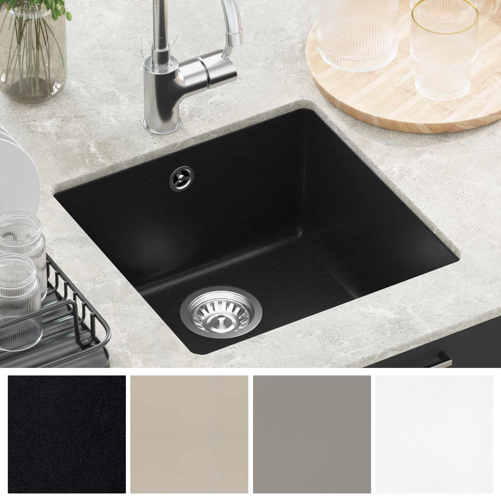 Fregadero de cocina Mangloder negro, 430 x 460 mm, con 80% de cuarzo y 20% de resina, base resistente a arañazos y manchas, ideal para cocinas modernas, granito duradero, fácil montaje, resistente al