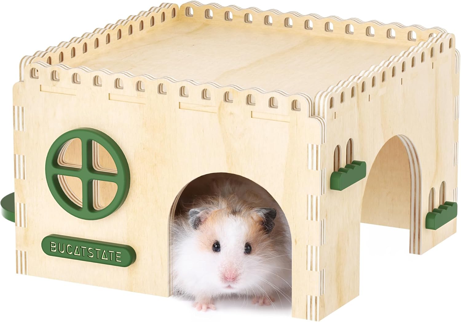 BUCATSTATE Natural Wood Hamster Hideout Castle, Easy-Assemble & Breathable | Multi-channel hideaway, waterproof sturdy wood cage play hut for Syrian Dwarf Hamsters, Gerbils & Mice.
