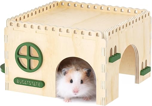 Bucatstate Natural Wood Hamster Hideout Castle, Easy-Assemble Breathable Multi-Channel Hideaway, Waterproof Sturdy Wood Cage Play Hut for Syrian Dwarf Hamsters, Gerbils & Mice