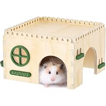 Bucatstate Natural Wood Hamster Hideout Castle, Easy-Assemble Breathable Multi-Channel Hideaway, Waterproof Sturdy Wood Cage Play Hut for Syrian Dwarf Hamsters, Gerbils & Mice