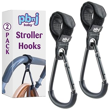 Stroller Hooks for Hanging Diaper Bags - Mommy Stroller Clip and Stroller Accessories Organizer Hook - Large Carabiner Clips for Mom Purse Shopping Grocery Bag and Accessory - 2 Pack Clips