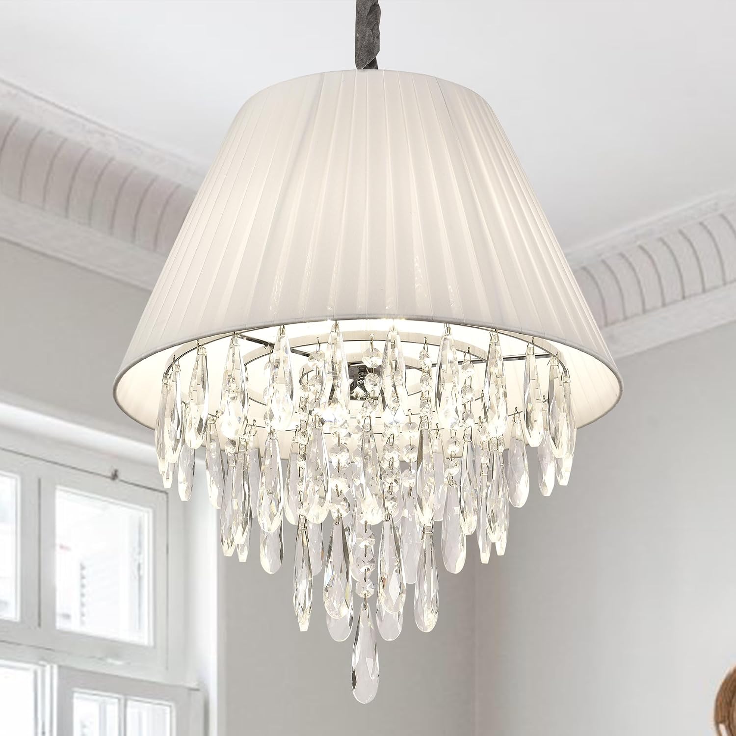 15Inch Crystal Chandelier Pendant Light Fixtures,E12 Recessed Ceiling Lights White Length Adjustable Hanging Light Sconce for Living Room Bedroom Kitchen Restaurant,Pendant Lamp Indoor Lighting