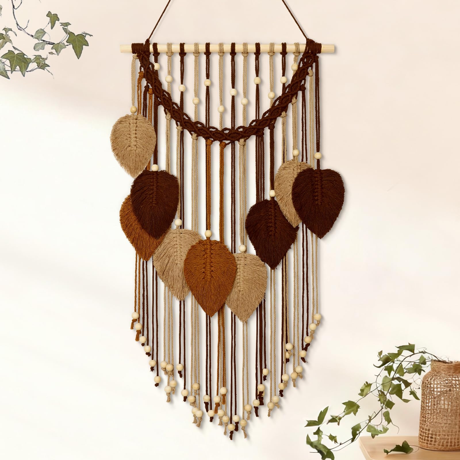 Weldomcor Makrama, wiszący gobelin ścienny, boho, liść, boho, szykowny, dekoracja domu, nowoczesna, ręcznie robiona, liście, pióra, artystyczne dekoracje ścienne do sypialni, salonu, mieszkania