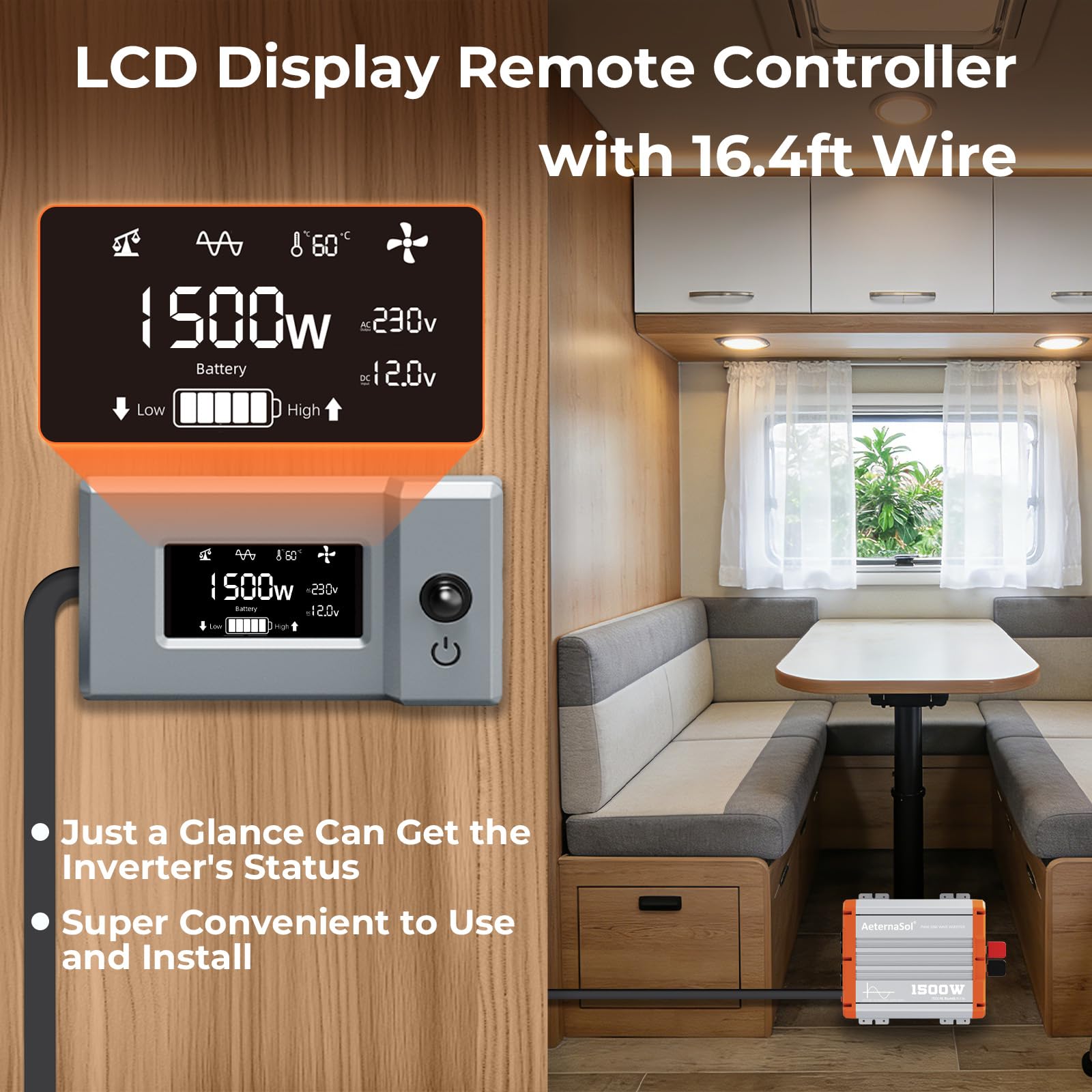 Inverter a onda sinusoidale pura da 1500W, da 12V CC a 230V AC, inverter per veicoli ricreativi con telecomando, invertitore di batteria solare per interruzioni di corrente, potenza di picco 3000W