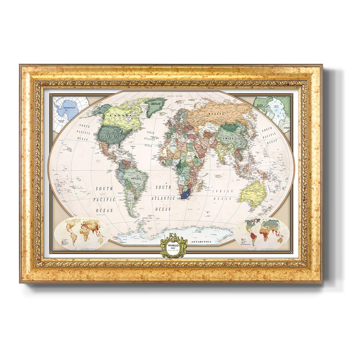 Renditions Gallery Colorful World Map Canvas Wall Art with Vintage Gold Frame Wall Hanging Travel Map with Push Pins for Home, Office, Classroom