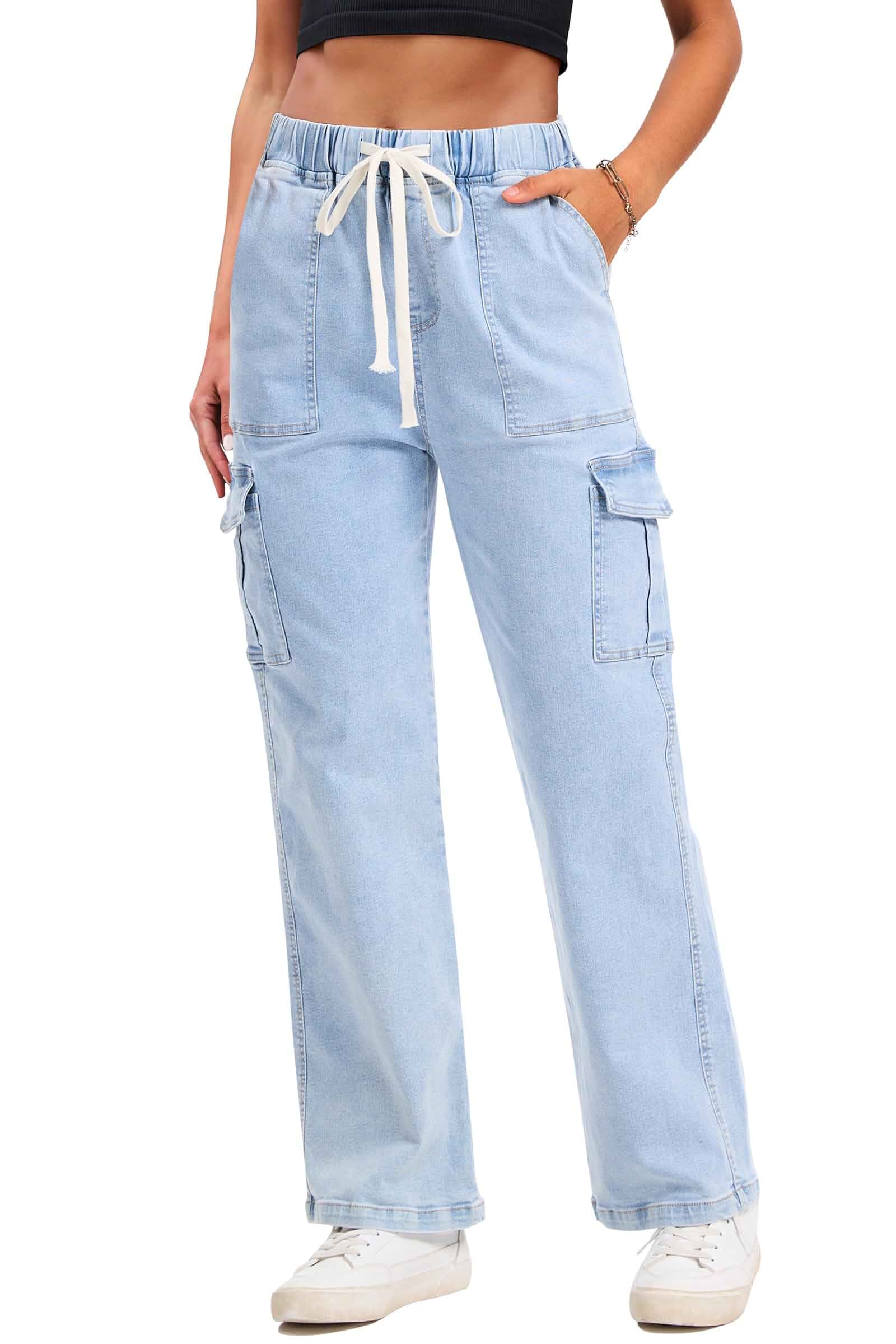 SESERAGI Cargo Jeans for Women Stretchy Baggy Drawstring 27"/29" Denim Pant Pockets Pants with 6 Pockets Trousers Wide Leg