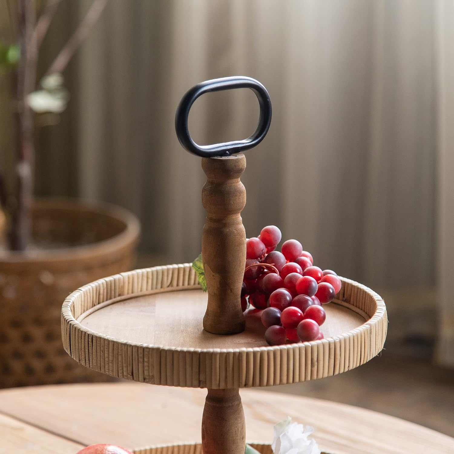 2 Tier Tray Rustic Farmhose Decor Tray with Metal Handle Round Wood Tiered Serving Tray Stand for Decor and Serving Fruit Cake Desserts Snack Candy Nuts Light Brown