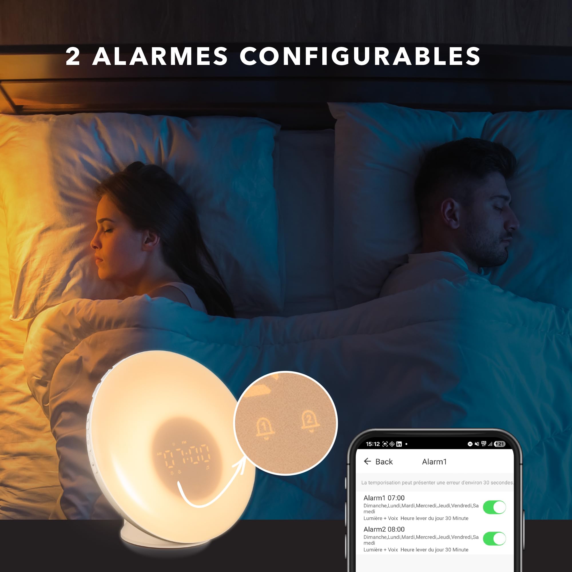Lanaform - WL-100C - Simulateur D’aube Et De Crépuscule Connecté - Réveil Lumineux - Imite Le Lever Et Le Coucher Du Soleil - Aide À L'endormissement Avec Sons Neutres Et Ondes Alpha - 2 Alarmes
