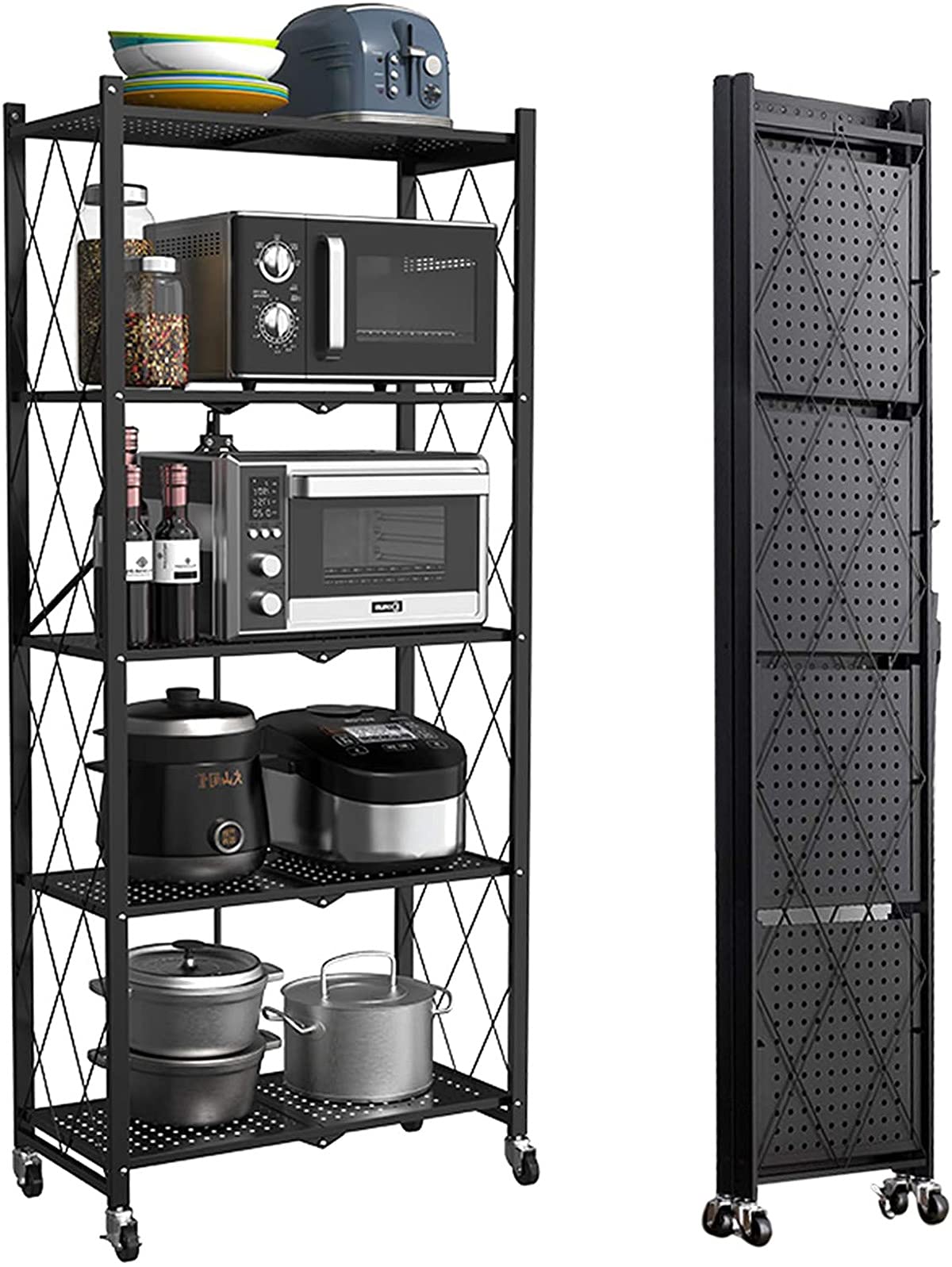 Arabest Foldable Standing Shelf,Units Storage Rack,Metal Heavy Duty Storage Shelf with Wheels, No Need Install Storage Rack (Black, 5-tier)