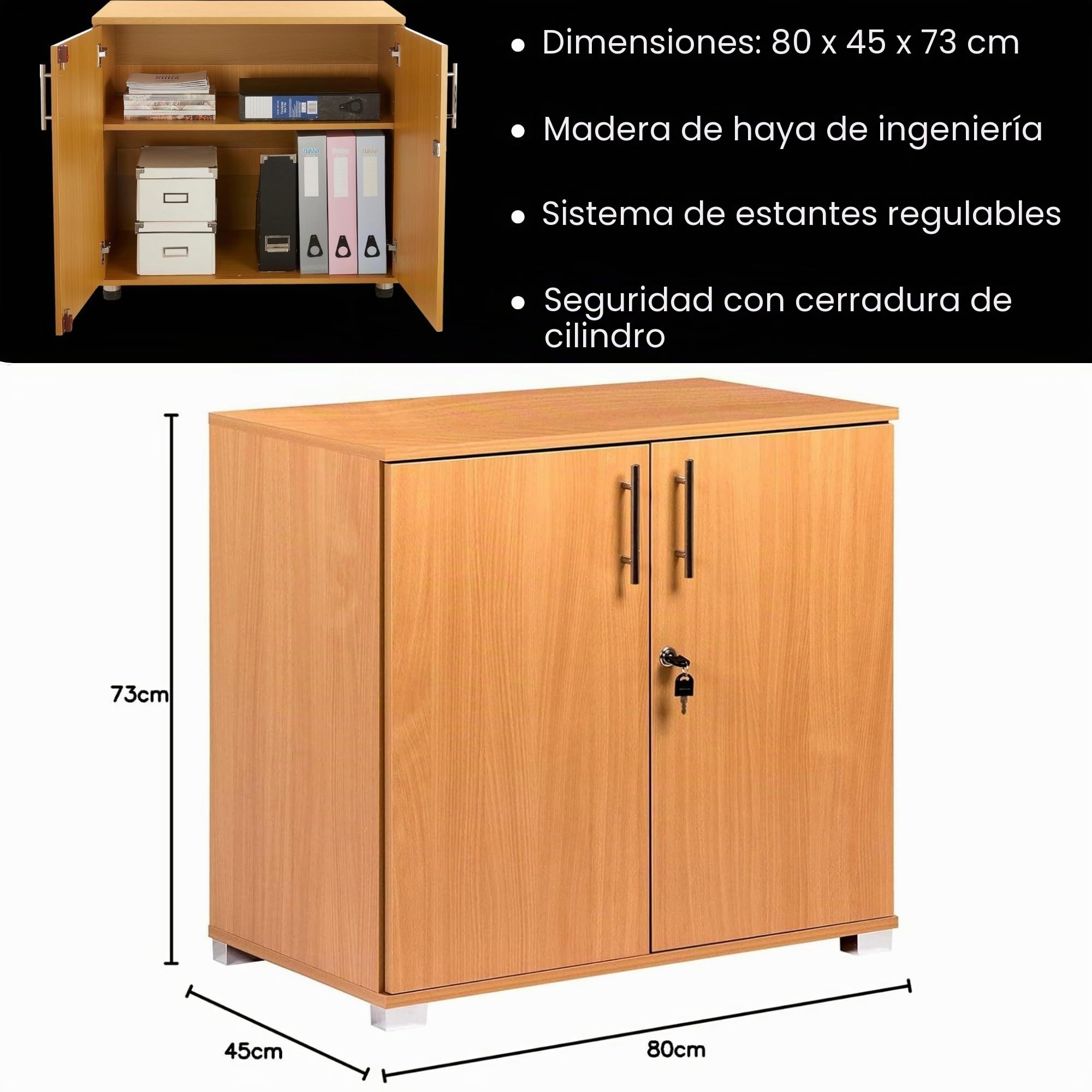 Armario de almacenamiento de oficina de haya, altura de escritorio, estantería de 2 puertas con cerradura, altura de extensión de escritorio de 75 cm