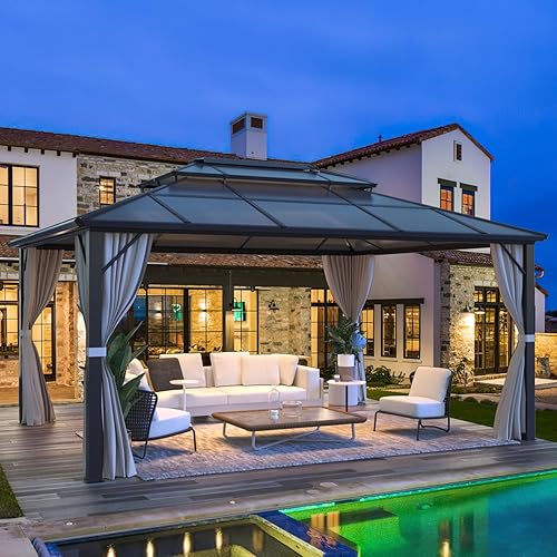 MELLCOM Gazebo de techo rígido de 12 x 16 pies, gazebo de aluminio de doble techo de policarbonato, glorieta de toldo impermeable para exteriores