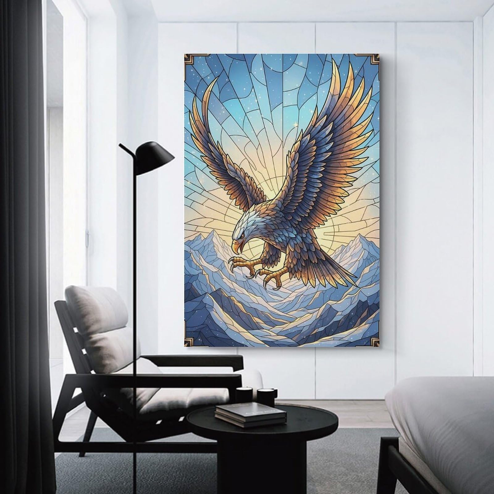 Junmoney Stained Glass Eagle Over Mountains Decorative Wall Artwork, 12x18inch(30x45cm), for Corridors, Hallways Or Apartment Entries, Home Artwork for First Impressions