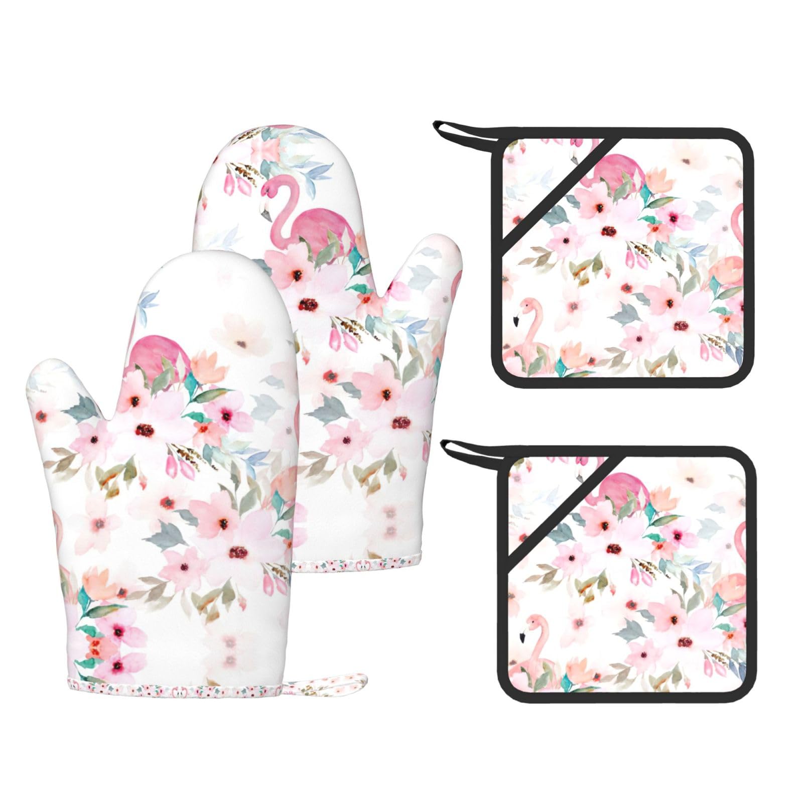 Floral with Flamingo Trendy Printed Kitchen Set with Heat Resistant Gloves & Non-Slip Hot Pads for Baking & Grilling