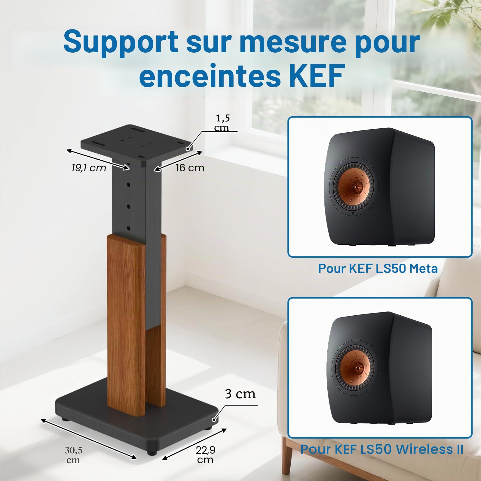 Paire de Supports d'enceintes réglables en Hauteur pour KEF LS50 Meta - Socle de Sol renforcé Finition Bois pour KEF LS50 Meta et LS50 Wireless II - Capacité de Charge : 22,7 kg (50 lbs)