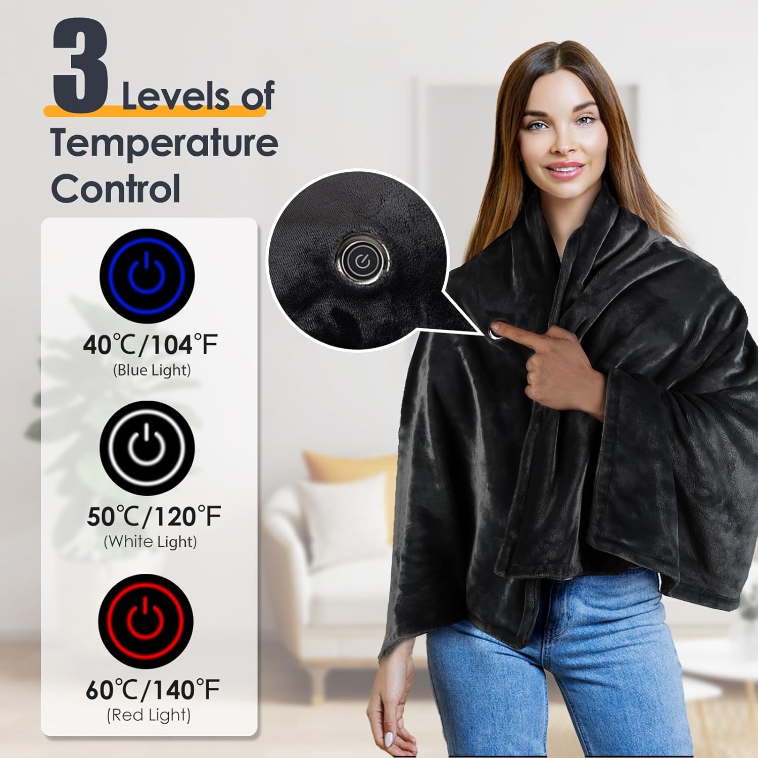 USB Heated Blanket Electric Throw, 59" x 31" Electric Heated Shawl Poncho Wrap Blanket with Zipper, Soft Cozy Flannel Gift Wearable Blanket for Car Office Home Travel, Standard