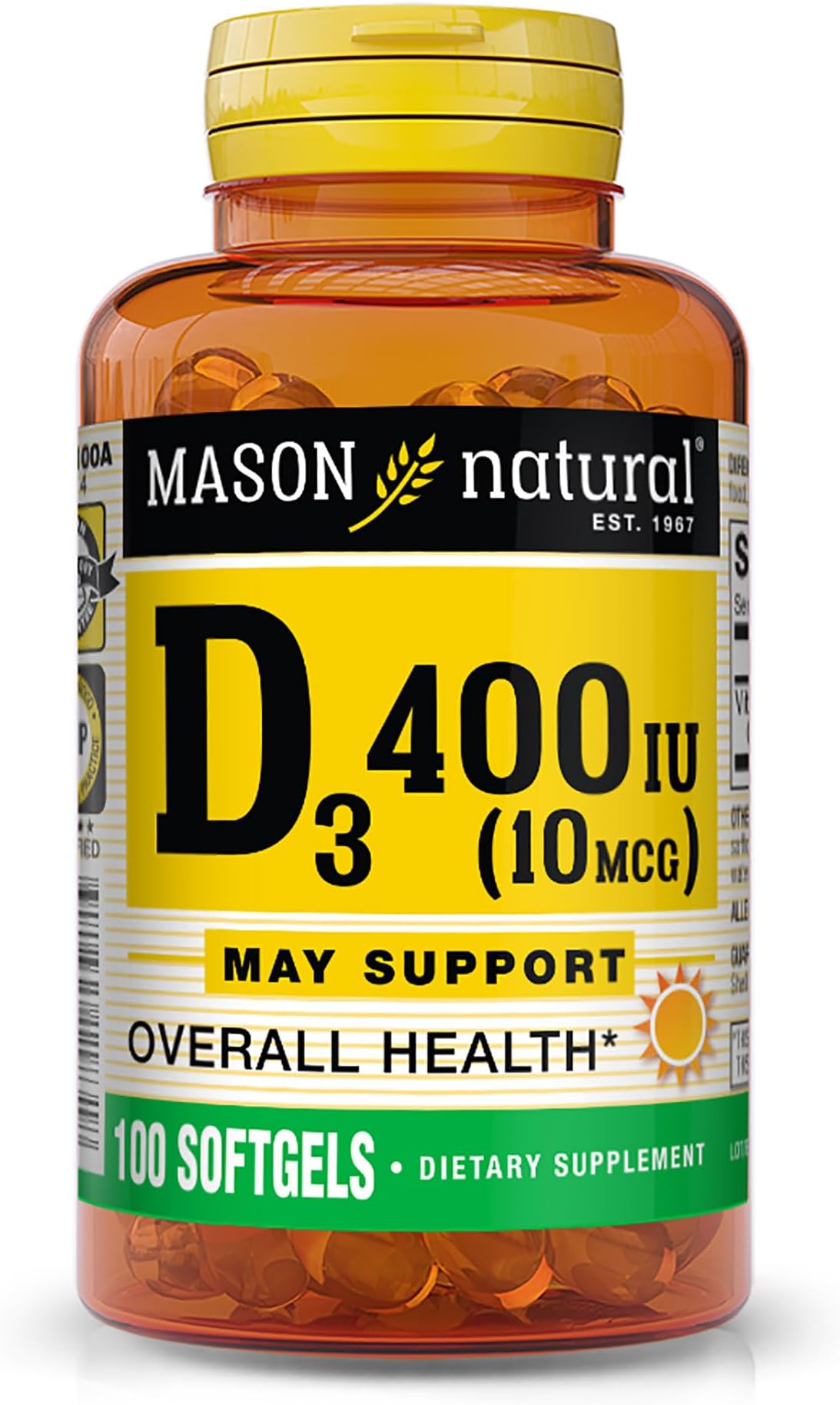 Vitamin D3 10 mcg (400 IU) - Supports Overall Health, Strengthens Bones and Muscles, 100 Softgels