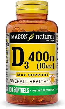 MASON NATURAL Vitamin D3 10 mcg (400 IU) - Supports Overall Health, Strengthens Bones and Muscles, 100 Softgels