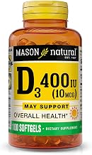 MASON NATURAL Vitamin D3 10 mcg (400 IU) - Supports Overall Health, Strengthens Bones and Muscles, 100 Softgels