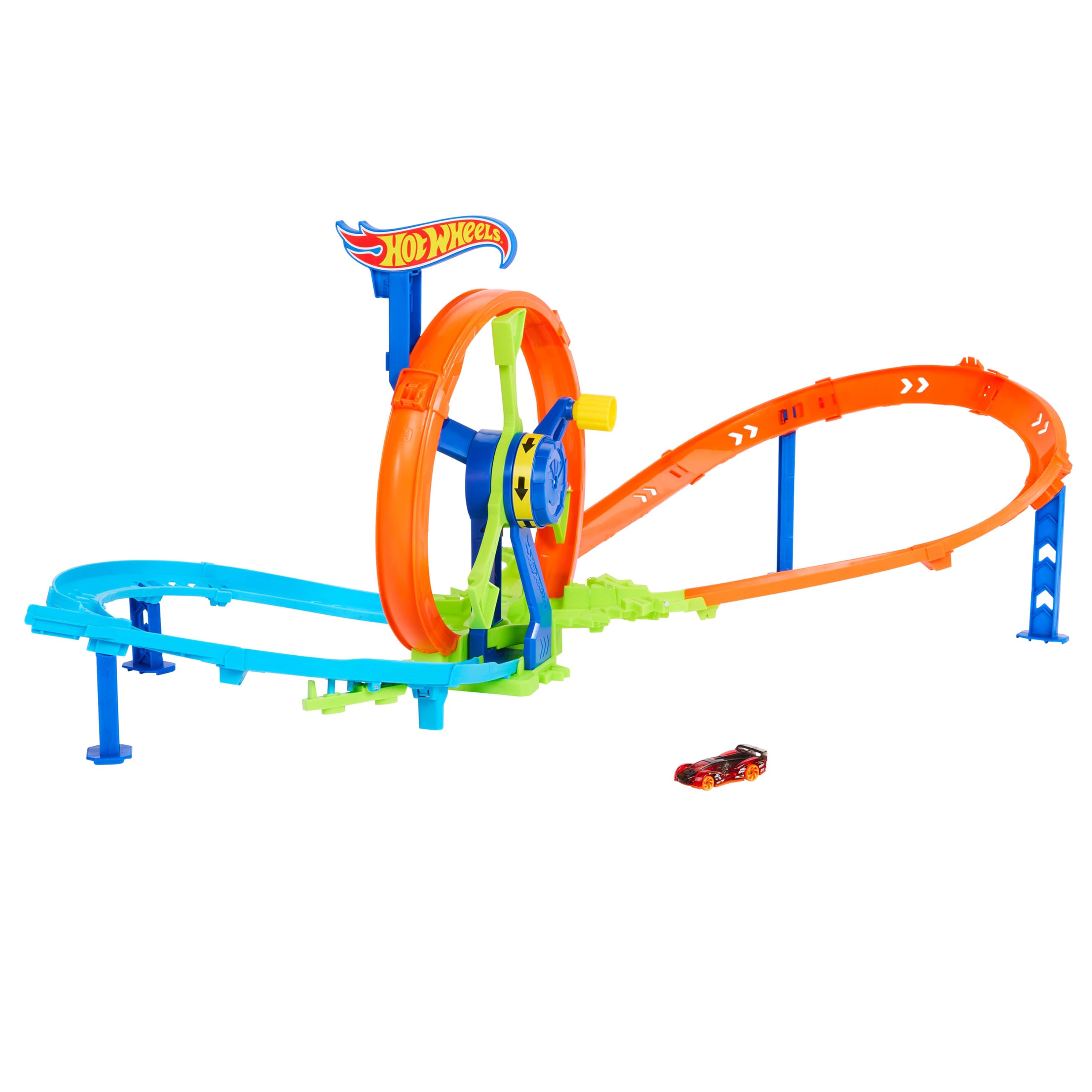 Hot Wheels Spielzeugauto Streckenset, Schnellstart- und Looping-Spielset und Die-Cast-Fahrzeug im Maßstab 1:64, Streckenset mit 8er-Kurve, Crash-Zone und Looping-Kicker, JBX65