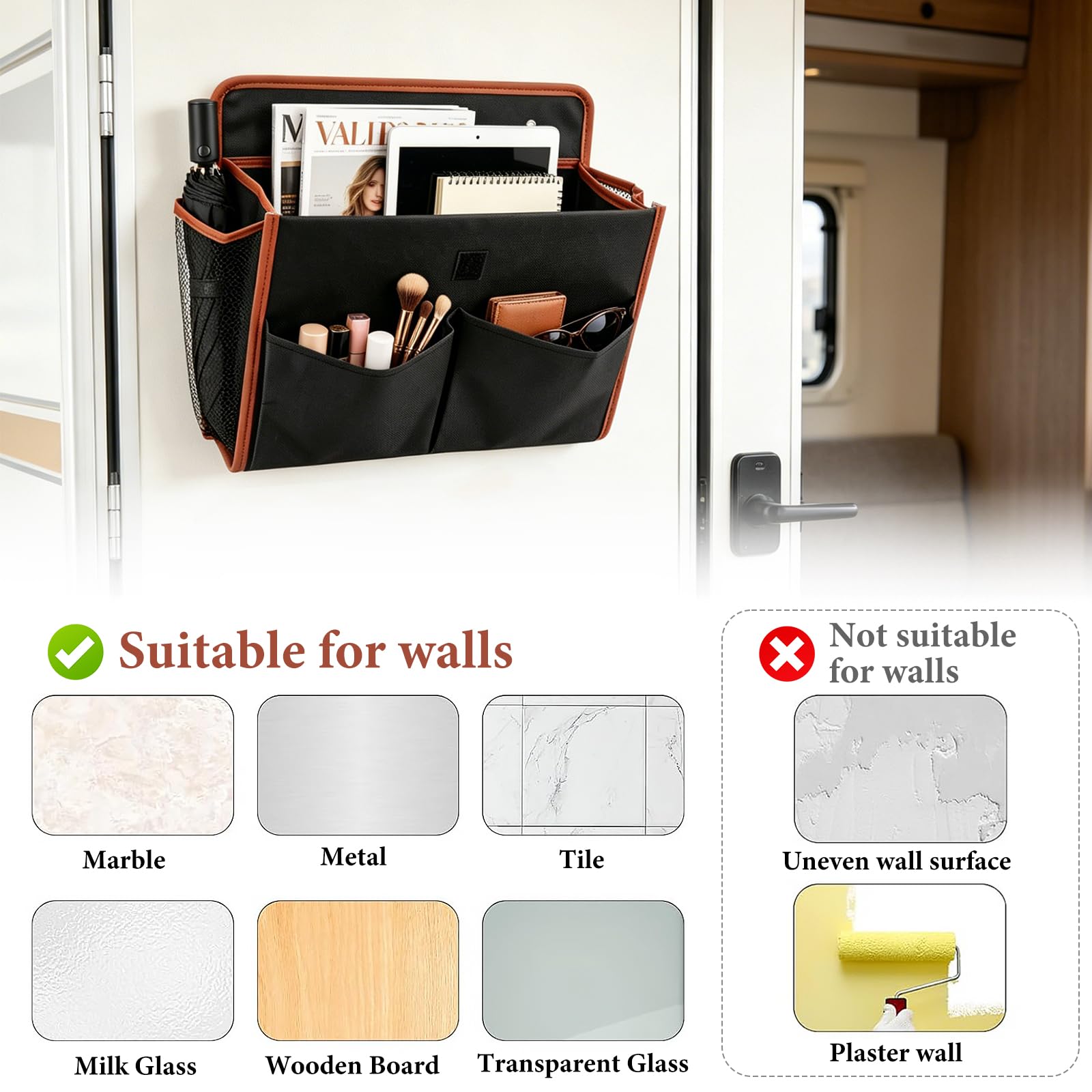 Lot de 2 Organiseurs de Porte de Caravane, Organiseur Suspendu sac de Rangement Mural Adhésif Rayonnage Autocollants Porte de Grande Capacité pour Camping pour Car Bureau Accessoires de Camping