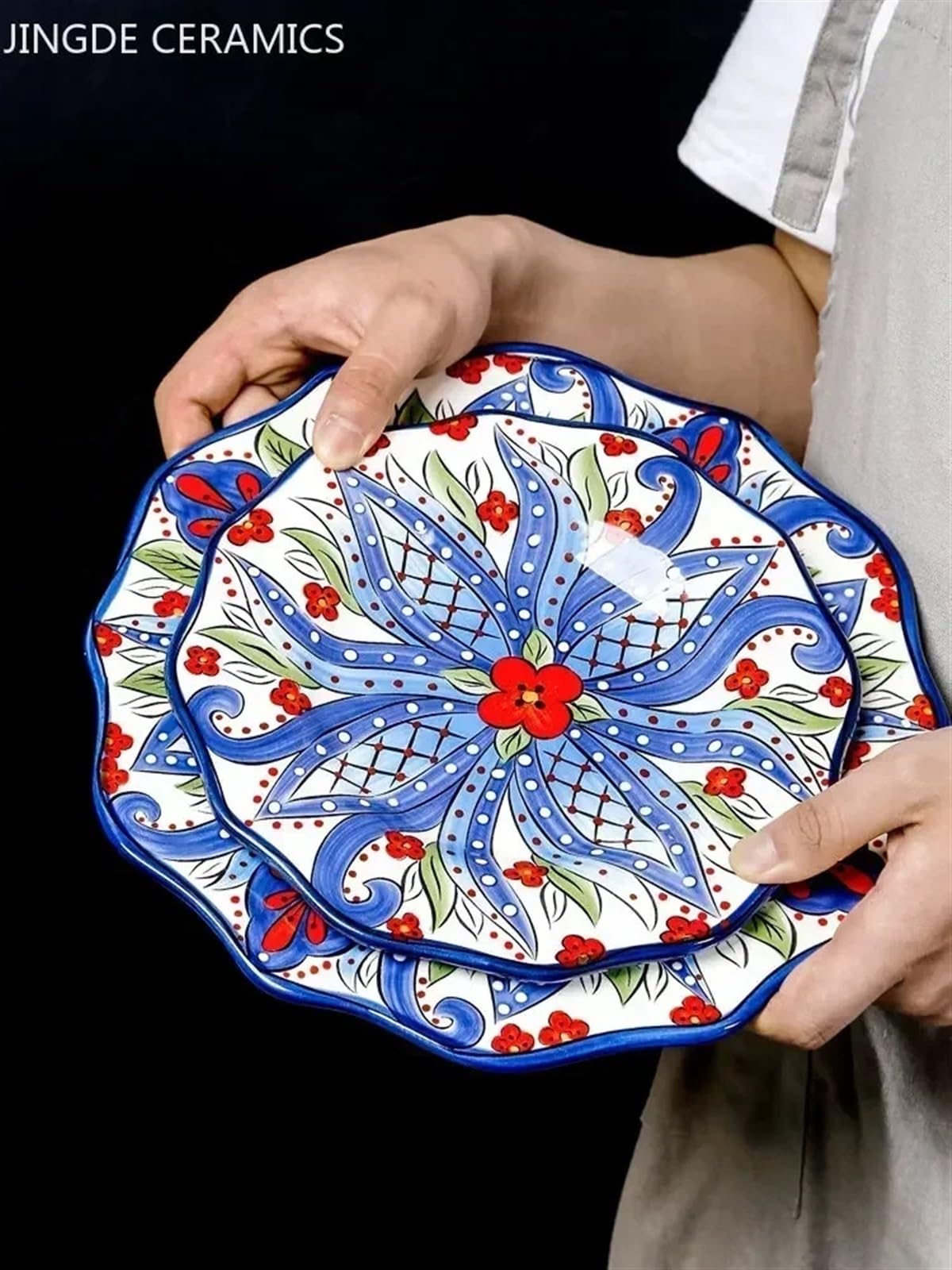 Vaisselle en céramique peinte à la main - Assiette plate en porcelaine colorée sous vernis (Style q)