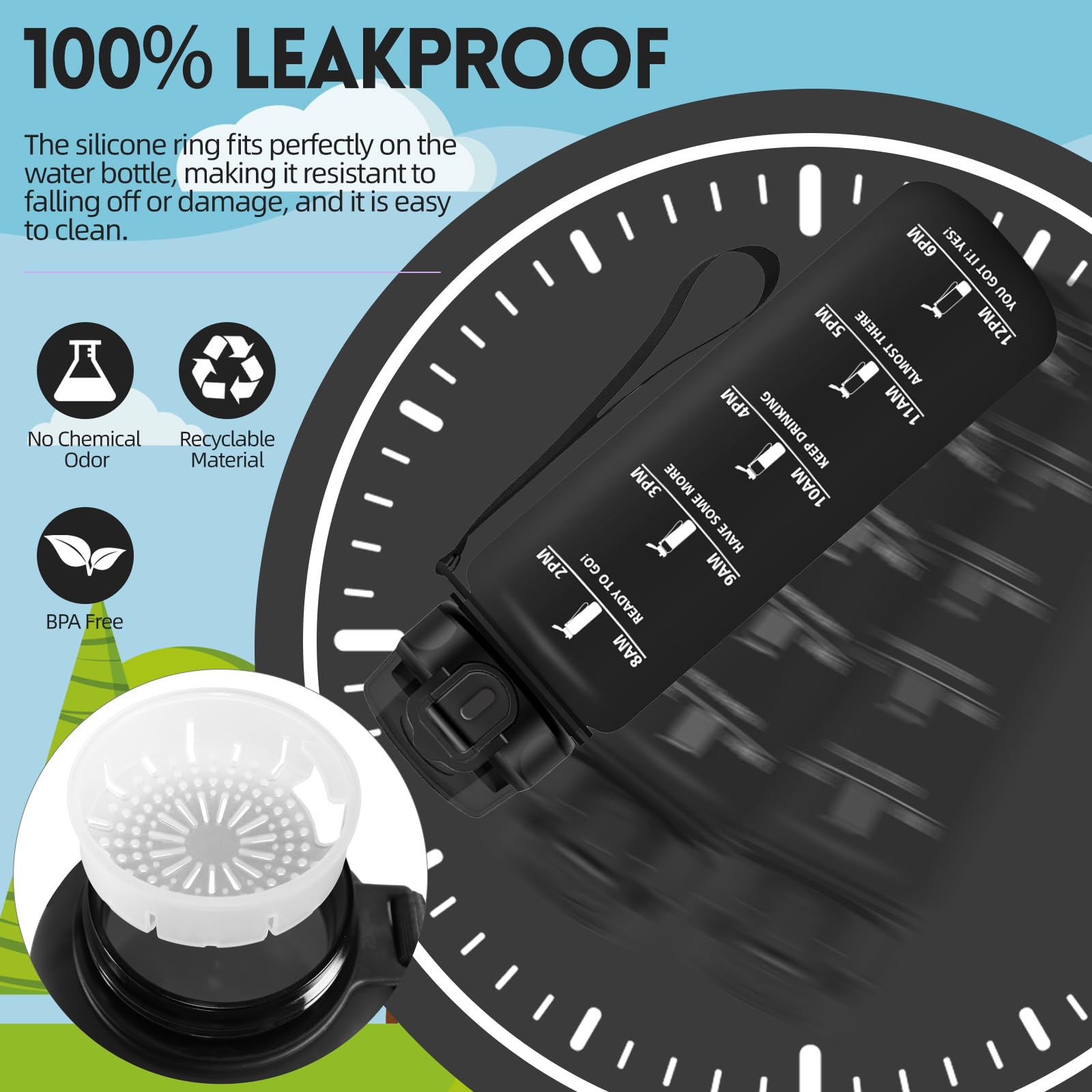 Borraccia, 500ML Senza BPA, Borraccia Bambini, Design della serratura a prova di perdite, Borraccia Motivazionale, Con marca temporale, Bottiglia Acqua per Scuola, Sport, Scalare Montagne - Nero