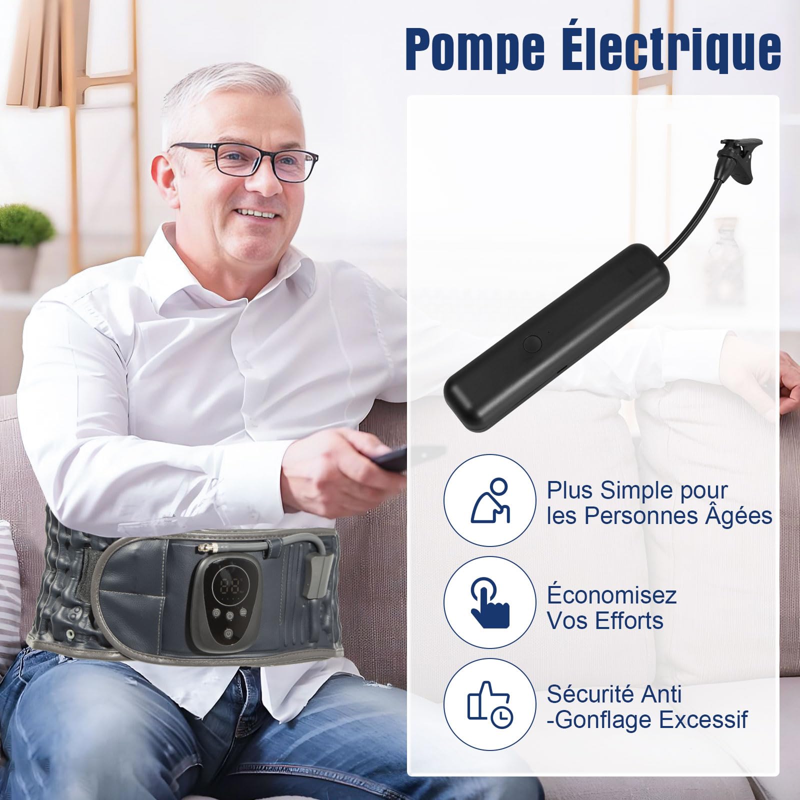 HONGJING Ceinture de décompression à lumière rouge avec pompe électrique pour douleurs dans le bas du dos, soutien lombaire gonflable sans fil, taille unique pour tour de taille 74-49
