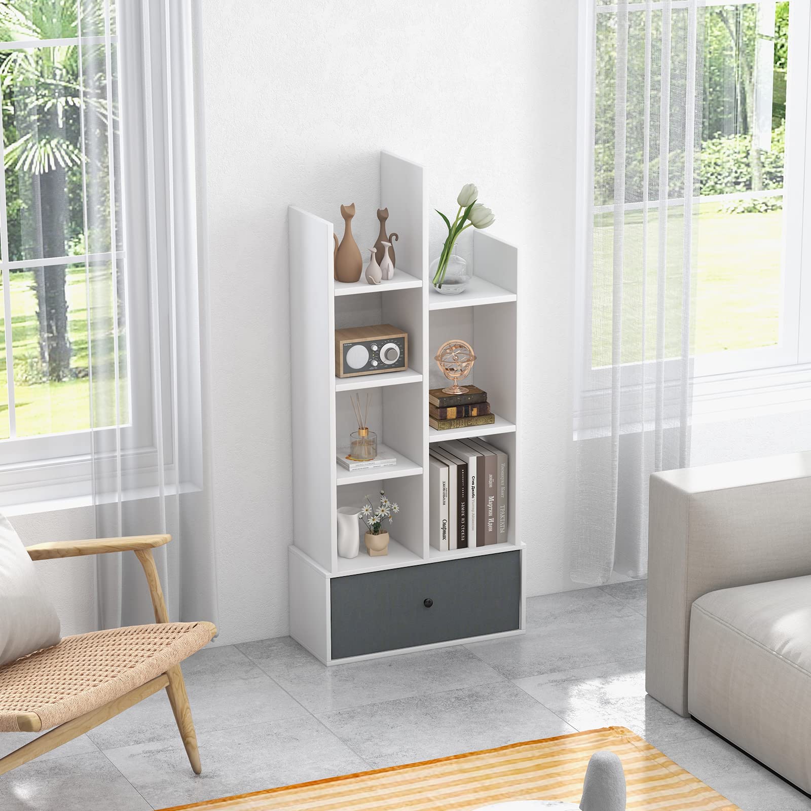 HOMASIS Libreria a 7 Livelli Con Cassetto, Scaffale Verticale Bianco da Terra in Legno, d'Angolo per Soggiorno, Ufficio, Camera da Letto, 53 x 24 x 118 cm