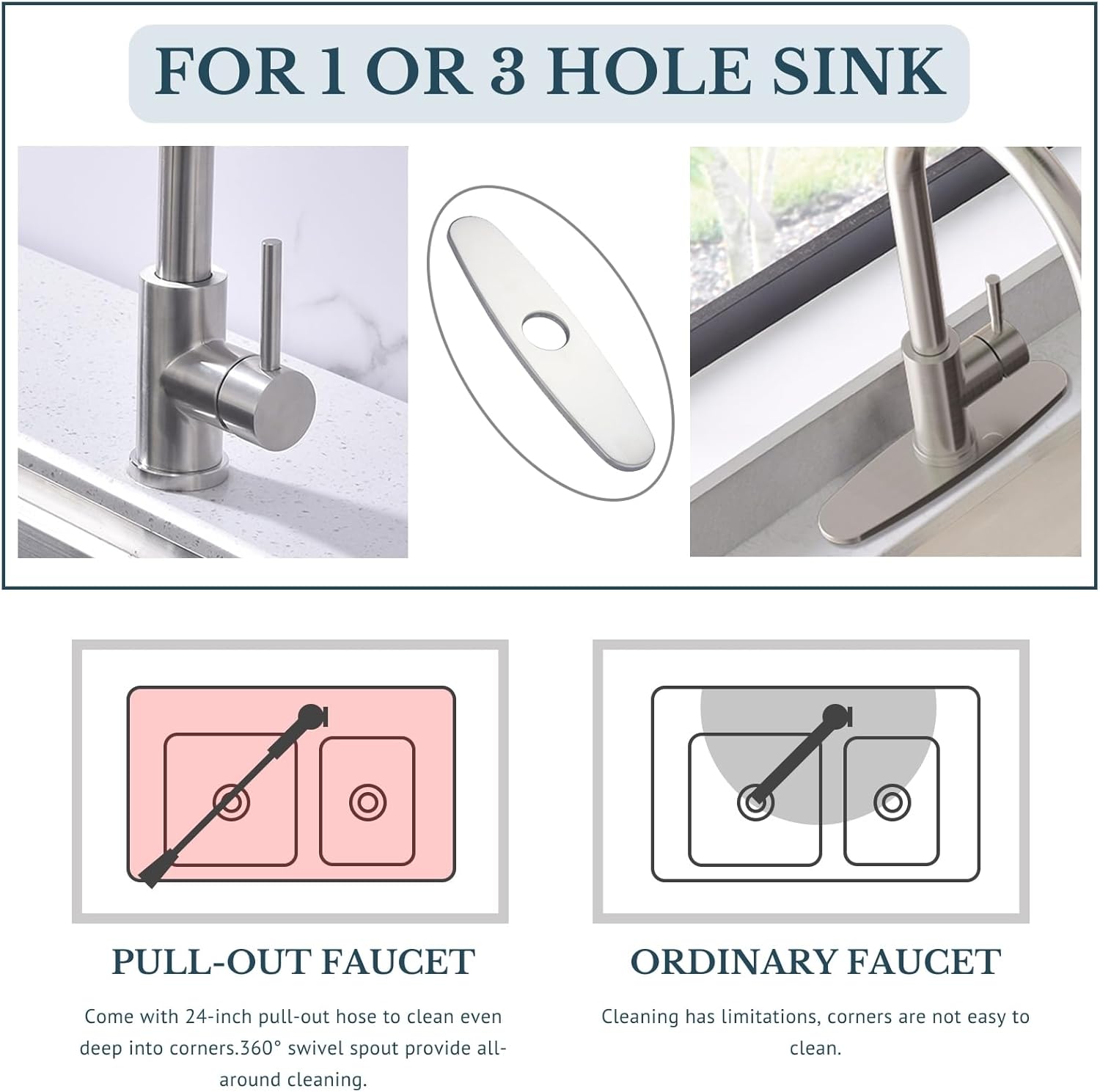 Kitchen Faucet with Pull Down Sprayer SUS304 Stainless Steel High Arc Brushed Nickel Pull Out Kitchen Sink Faucets Utility Laundry Farmhouse Camper Rv Modern for 1 or 3 Hole Sink, KF1-BN