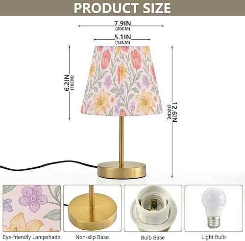Miniatura 2 de Retro Pastel Floral Pattern Table Lamp for Bedroom 3 Lighting Modes Bedside Lamps with Fabric Shade for Bedside Desk Office Reading, Metal Base