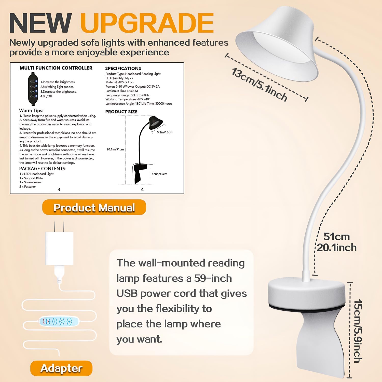 Headboard Reading Light - No Drill Installation Book Light for Bed, 3-Color Temp & 5 Dimmable Levels, 95+ CRI Natural Light with Flexible Gooseneck, Wall-Safe Bedside Lamp for Night Reading