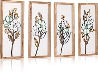 4PK Wooden Framed Floral Wall Decor 16inch Hanging Wall Art Set Stylish Painting for Bathroom Living Room Kitchen Gift Idea