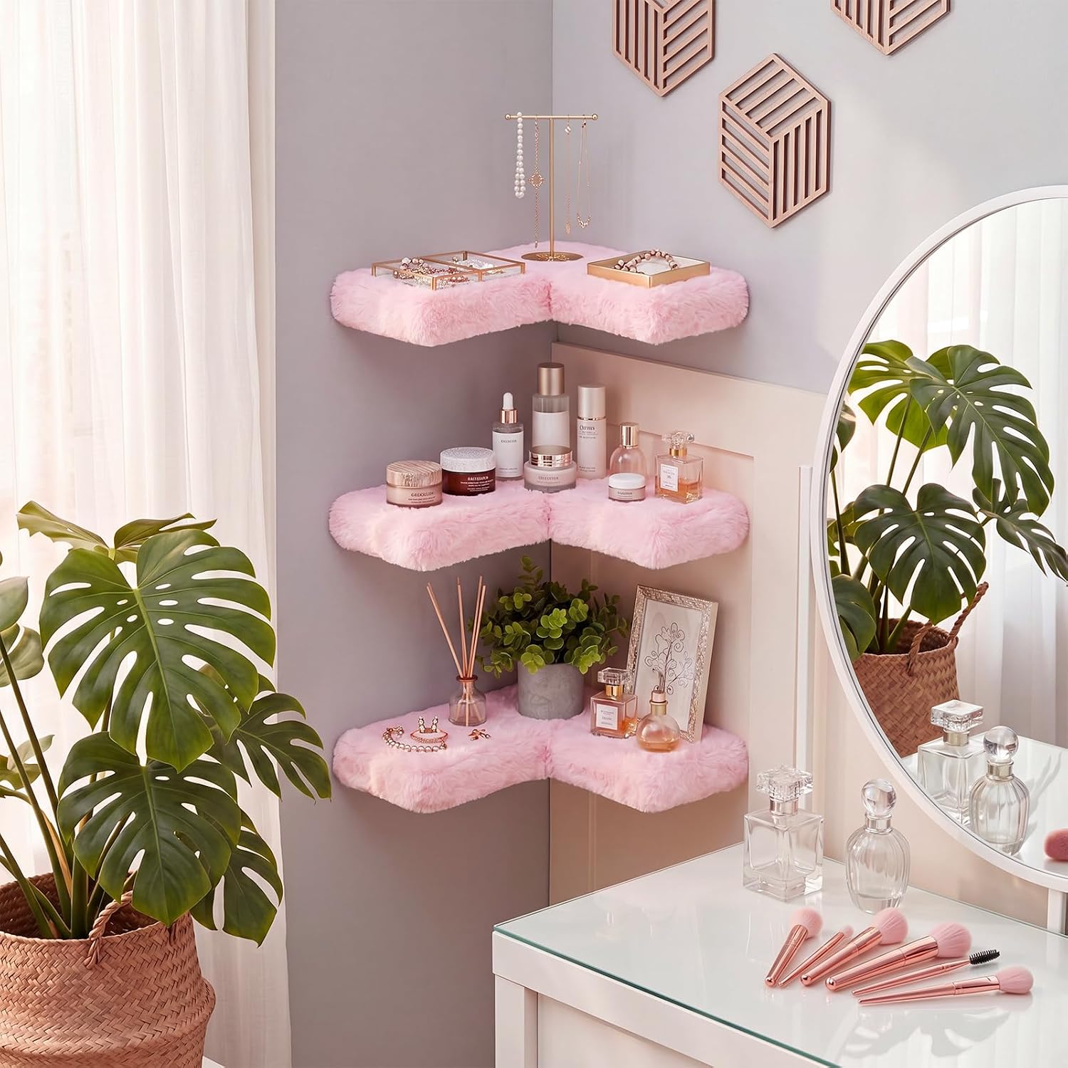 Pinkunn 3 Pack Pink Floating Corner Shelves for Wall Fuzzy Display Nail Polish Rack L-shaped Hanging Display Wall Mounted Shelf for Storing Valuable Collectible Perfume Cosmetics Handbags Vanity Decor