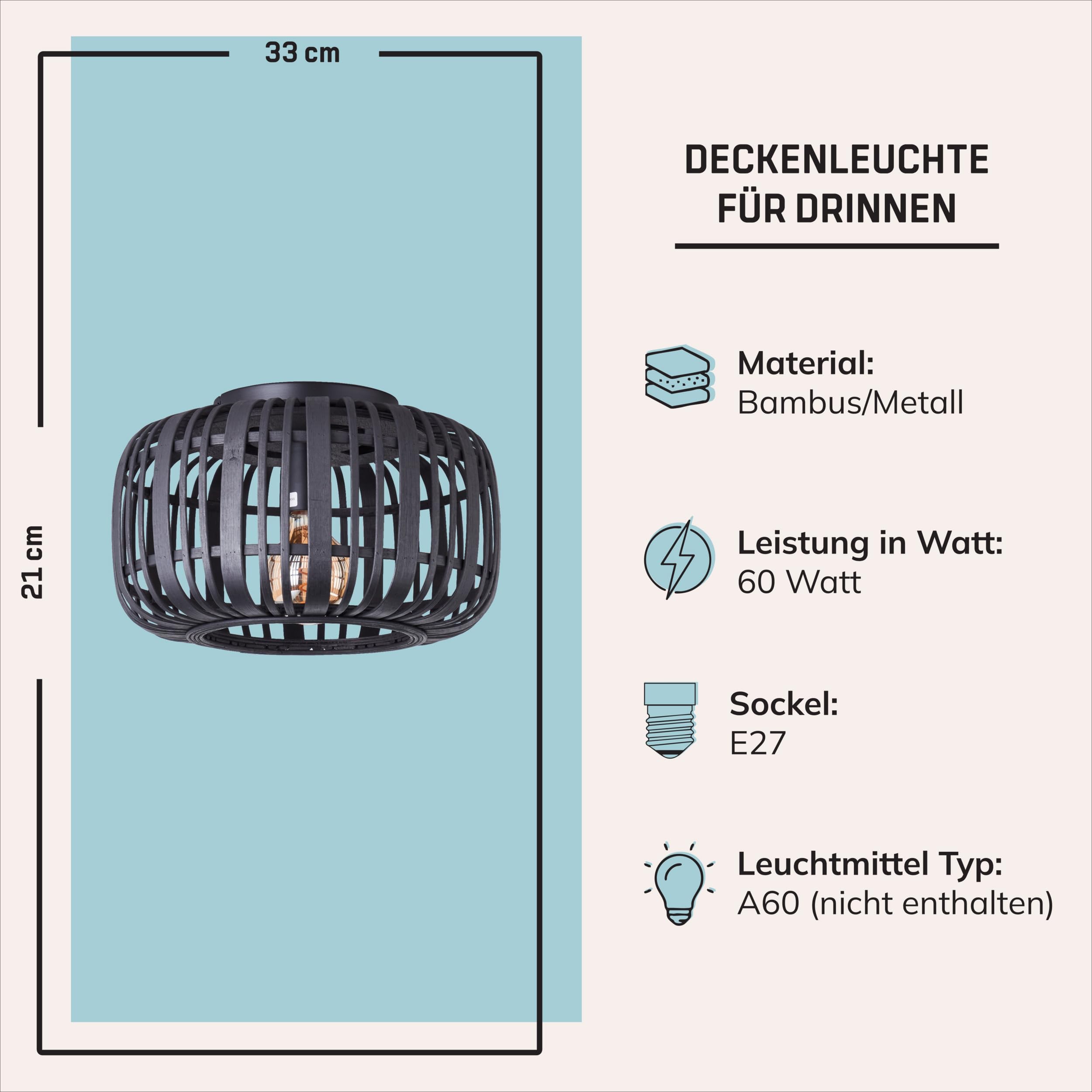 Lightbox Bambus Deckenlampe - runde Deckenleuchte Ø 32 cm mit natürlichem Schirm - Boho Lampe für Wohnzimmer, Schlafzimmer & Flur - E27 Fassung exkl. LED